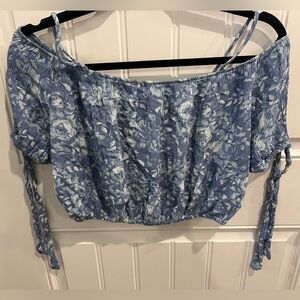 White and Blue Sleeveless Ruched Crop Blouse